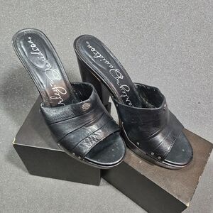 Harley Davidson Leather Mule Sandals Black Heeled Slides Buckle Accent